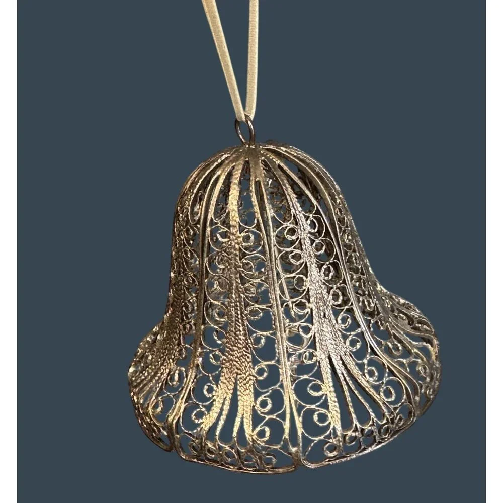 Vintage Silverplate Filigree Bell Ornament With Crystal Clapper 2.25" Holiday De - Picture 2 of 7